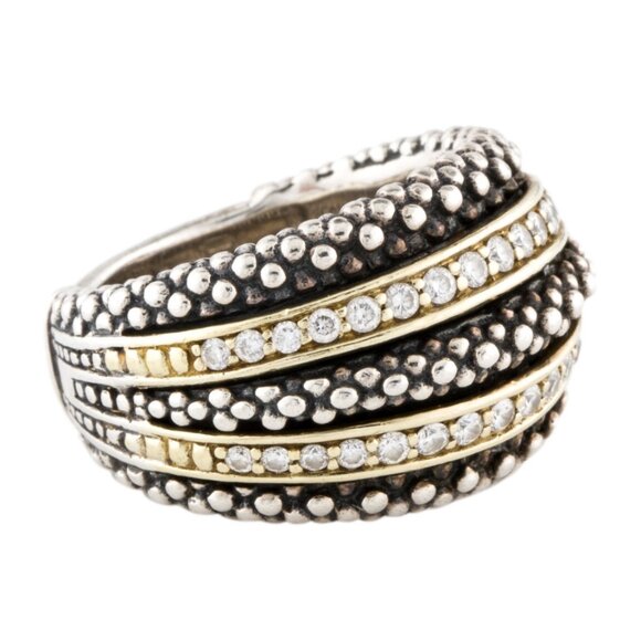 LAGOS 18K YELLOW GOLD & STERLING SILVER  FIVE ROW DIAMOND CAVIAR BAND RING - Picture 3 of 7